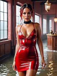 The 39 year old woman wears a red wet dress