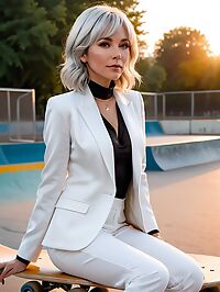 A stunning silver haired woman with large breasts wears a white suit at dawn