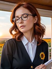 Woman in her 40s stands outside at dusk wearing a black school uniform and glasses